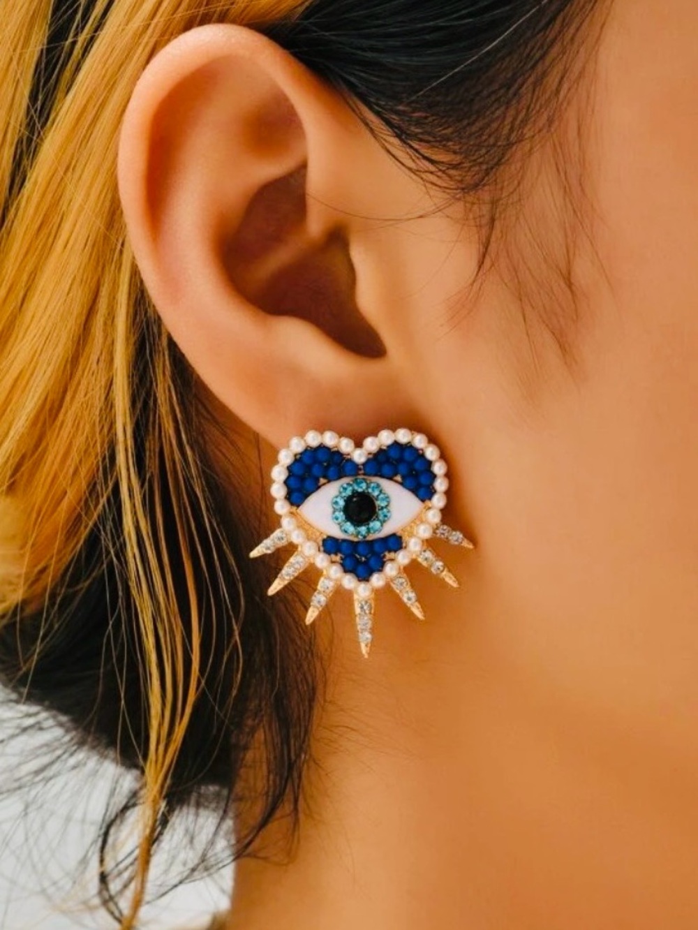 Beaded Gold Blue Heart Evil Eye Pearl & Crystal Stud Earrings - Picture 1 of 2
